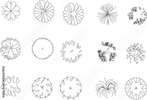 Technical architectural plan view symbols showing various trees, shrubs and plants with different canopy patterns for landscape design.
