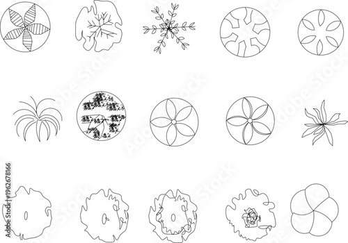 Technical architectural plan view symbols showing various trees, shrubs and plants with different canopy patterns for landscape design.