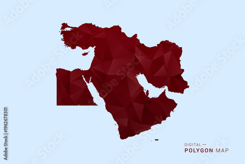 Middle East Map - Low poly polygon map in deep red gradient on light blue background, modern minimal geometric design, vector illustration with faceted triangulated style.