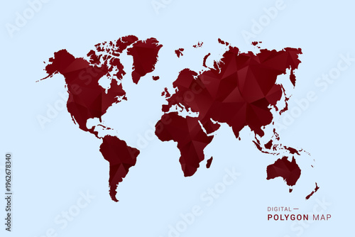 World Map - Low poly polygon map in deep red gradient on light blue background, modern minimal geometric design, vector illustration with faceted triangulated style.
