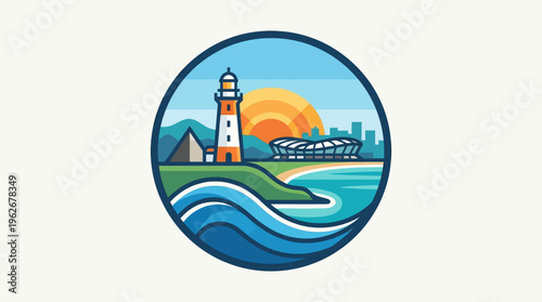 Coastal Landscape Emblem with Lighthouse and Stadium