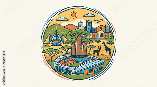 African Safari and Cityscape in a Circle Design