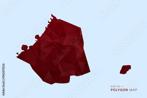Dubai Map - Low poly polygon map in deep red gradient on light blue background, modern minimal geometric design, vector illustration with faceted triangulated style.