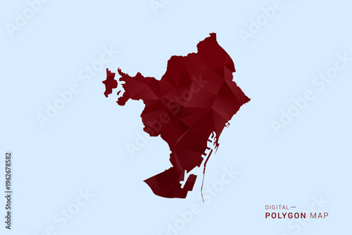 Barcelona Map - Low poly polygon map in deep red gradient on light blue background, modern minimal geometric design, vector illustration with faceted triangulated style.