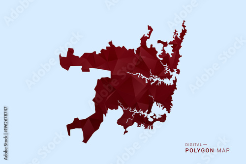 Sydney Map - Low poly polygon map in deep red gradient on light blue background, modern minimal geometric design, vector illustration with faceted triangulated style.