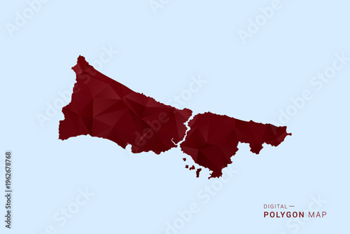 Istanbul Map - Low poly polygon map in deep red gradient on light blue background, modern minimal geometric design, vector illustration with faceted triangulated style.