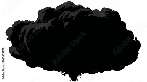 A stylized illustration depicting a dark cloud-like shape against a stark white backdrop