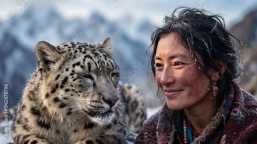 Woman smiling beside a snow leopard in a mountainous landscape