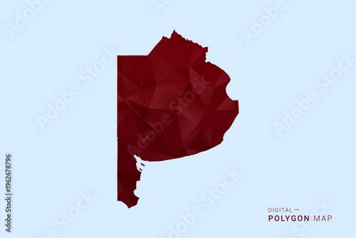 Buenos Aires Map - Low poly polygon map in deep red gradient on light blue background, modern minimal geometric design, vector illustration with faceted triangulated style.
