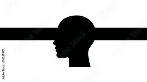 A silhouette of a human head is bisected by a black horizontal bar
