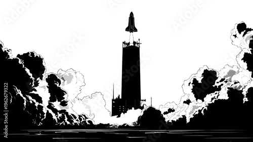 A monochrome illustration of a spacecraft launching from a tall structure, with billowing smoke