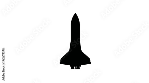 Black silhouette of a spacecraft with a pointed nose, broad wings, and engine nozzles against white background