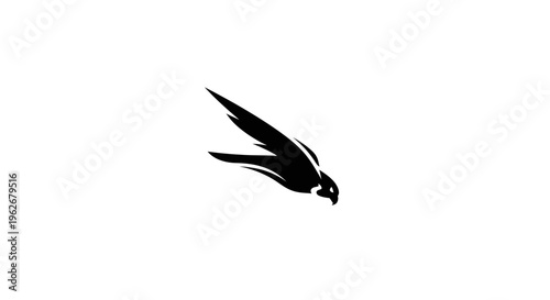 Black falcon silhouette in flight, isolated on white background