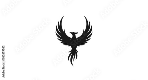 Black silhouette of a phoenix with wings spread against a white background