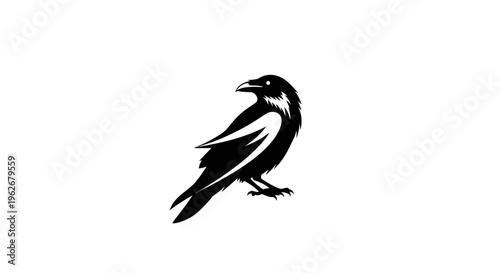 Black Raven Silhouette Icon on White Background