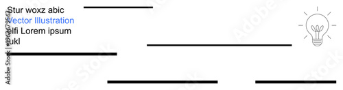 Innovation, creativity, ideas, business solutions, brainstorming, inspiration. Minimalist light bulb emitting light with text placeholders. Innovation and creativity concept