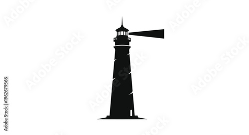 Black lighthouse silhouette with beam of light on white background