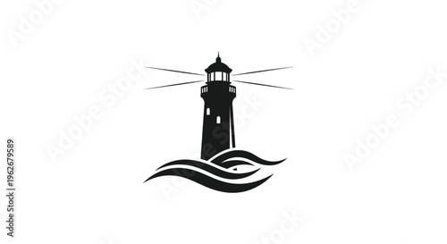 Silhouette of a lighthouse at sea with waves, navigation symbol