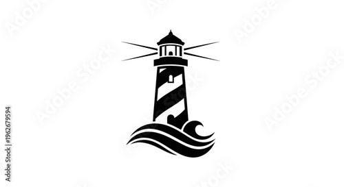 Black and white lighthouse silhouette on waves, navigation beacon, maritime symbol