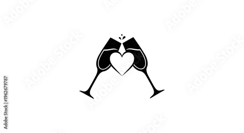 Cheers to love, heart shaped champagne glasses clinking, celebration, toast, romance, wedding