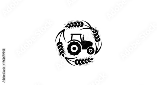 Tractor and Wheat Wreath Icon: Agriculture, Farming, Harvest, Organic Food Concept