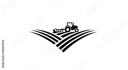 Tractor plowing agricultural field, farm machinery, rural landscape icon, agriculture symbol