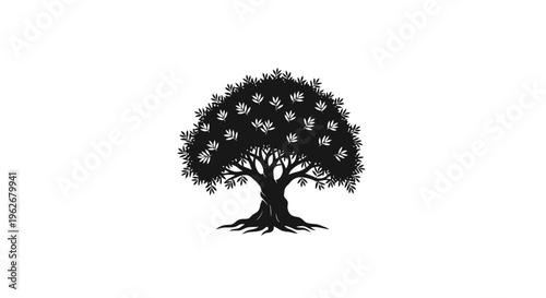 Silhouette of a Majestic Oak Tree with Spreading Branches and Deep Roots