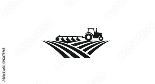 Tractor plowing fertile farmland, agricultural field icon silhouette