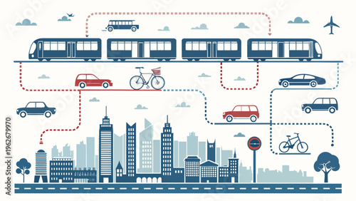 A vector graphic illustration of a cityscape with various transportation modes
