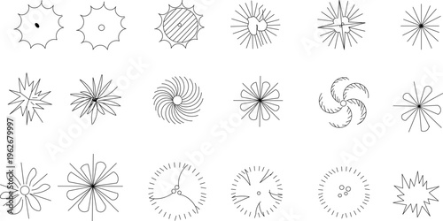 Technical architectural plan view symbols showing various trees, shrubs and ornamental plants with different canopy patterns for landscape design.