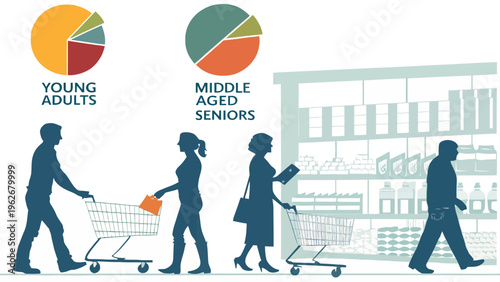 A vector graphic illustration of people shopping with demographic charts