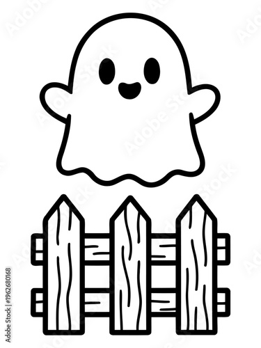 Friendly ghost over fence: A charming cartoon ghost, hovering cheerfully above a wooden fence, embodying the whimsical spirit of Halloween. 