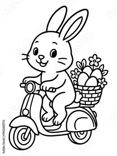 Easter Bunny on Scooter: An adorable easter bunny merrily rides a scooter, carrying a basket full of colorful eggs and blossoms, perfect for spring festivities.