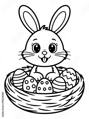 Easter Bunny with Painted Eggs: An adorable bunny nestled in a woven nest, surrounded by intricately painted Easter eggs, a delightful illustration of the season's joy and renewal.