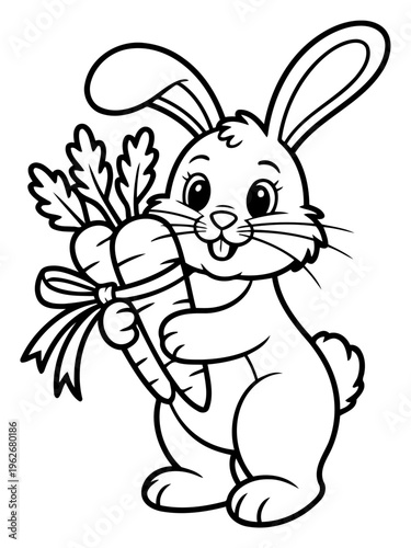 Playful Bunny with a Carrot: A cute bunny joyfully clutches a fresh carrot adorned with a ribbon, illustrating the simple pleasures and innocent charm of this adorable creature.