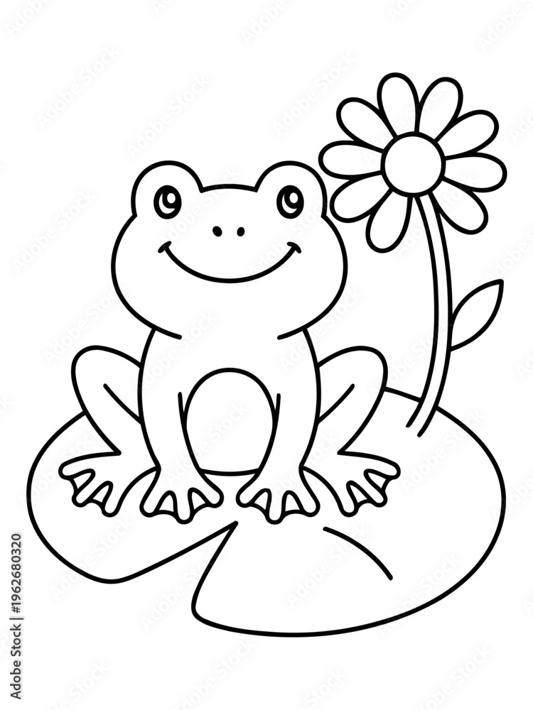 Fototapeta premium Smiling Frog on Lily Pad: A charming illustration depicts a friendly frog resting on a lily pad, with a delicate flower alongside, all in a delightful monochrome palette.