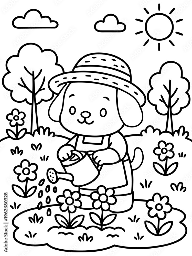 Fototapeta premium Garden Companion's Gentle Care: A charming illustration depicts a cheerful canine gardener tending to a vibrant flower patch with utmost care. The scene radiates a sense of peace, joy.