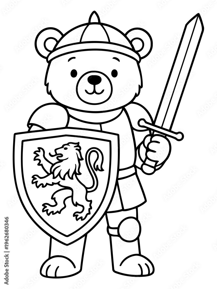 Naklejka premium Brave Bear Knight: A courageous teddy bear, clad in shining armor and helmet, brandishes a gleaming sword and shield bearing a heraldic emblem, ready for adventure.