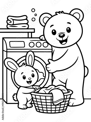 Laundry Day with Friends: A delightful illustration showcases a fluffy bear and a charming bunny engaged in a shared task of laundry.