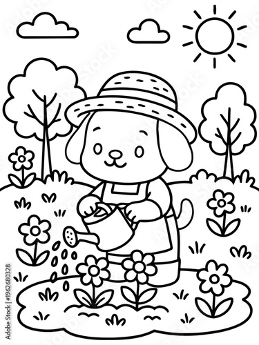 Garden Companion's Gentle Care: A charming illustration depicts a cheerful canine gardener tending to a vibrant flower patch with utmost care. The scene radiates a sense of peace, joy.