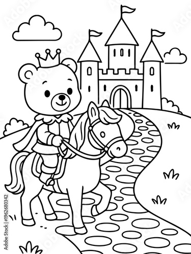 Royal Bear's Journey: A charming bear, adorned in royal attire, embarks on a noble quest, riding a loyal steed towards a majestic castle in a fairytale land. 