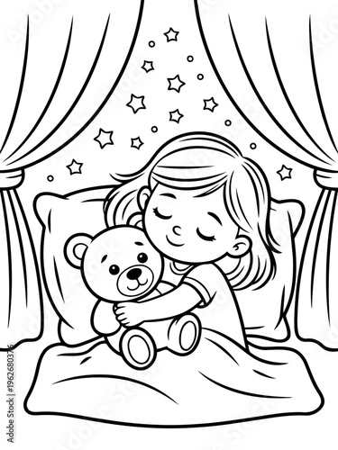 Dreamtime Serenity: A young child peacefully cuddles a teddy bear, drifting off to sleep under a starry canopy, embodying tranquility and the comfort of night.