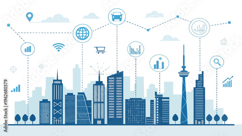 A blue vector graphic illustration of a modern city skyline with connected icons