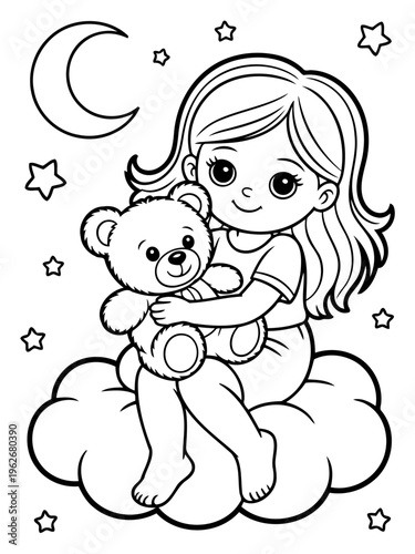 Dreamy Nighttime Companion: A sweet girl finds comfort in her cherished teddy bear, nestled on a fluffy cloud under a gentle crescent moon and twinkling stars. a moment of innocence, wonder.