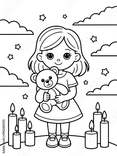 Caring Girl with Teddy Bear: A charming illustration depicts a sweet girl embracing a cuddly teddy bear, surrounded by twinkling stars, fluffy clouds, and glowing candles.