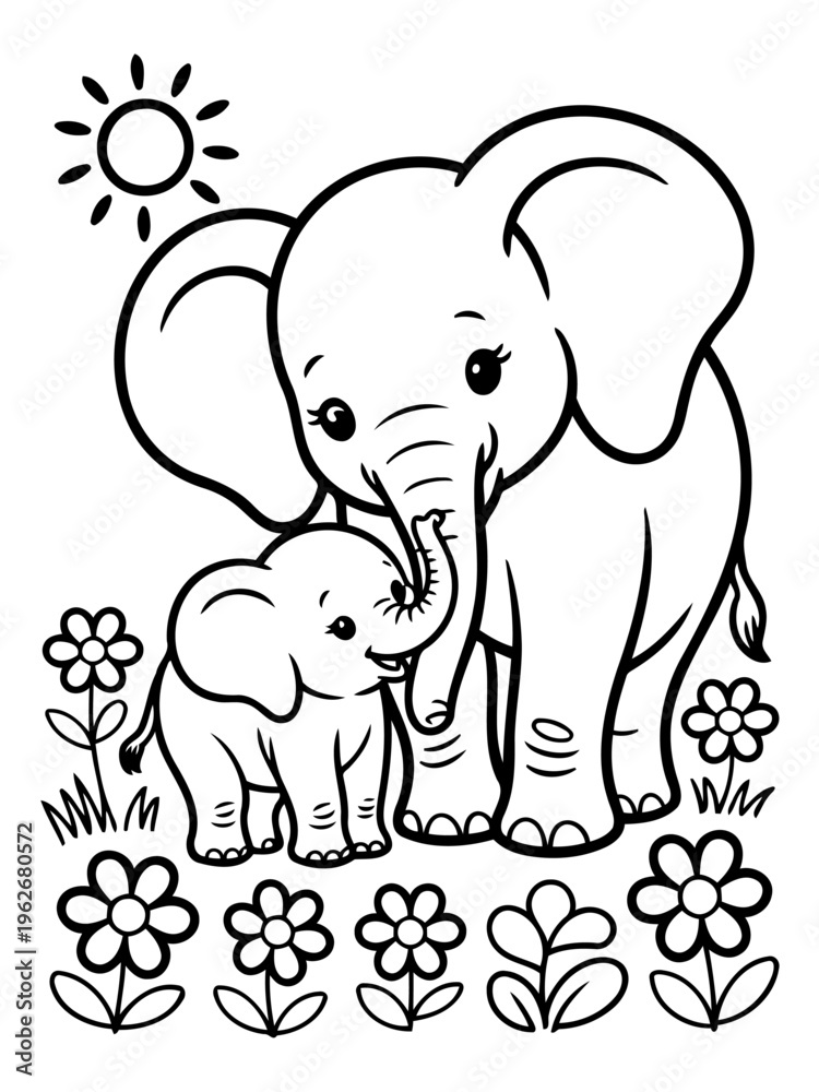 Obraz premium Adorable Elephant Duo: A heartwarming illustration of a mother elephant and her calf standing amidst cheerful flowers under a bright sun. A scene of unconditional affection and playful charm.