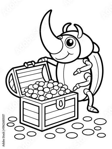 Treasure Guardian: A cheerful rhinoceros beetle, with its prominent horn, gleefully guards its hoard of glistening coins, suggesting wealth and fortune.