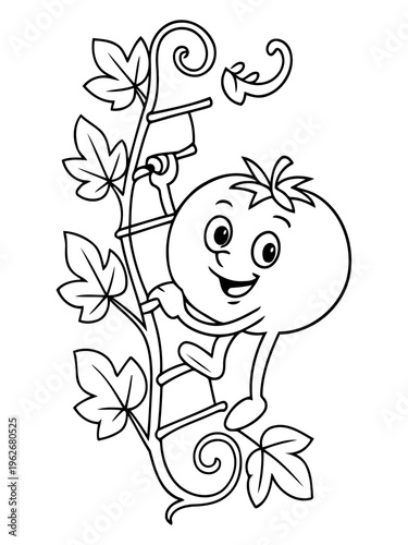 Tomato's climb: a playful monochrome illustration of a smiling tomato climbing a ladder, symbolizing growth, progress, and ambition.