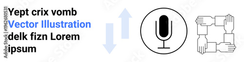 Communication, teamwork, collaboration, media, leadership, podcasts. A microphone icon, arrows and interconnected hands. Communication and teamwork concept linking collaboration with media