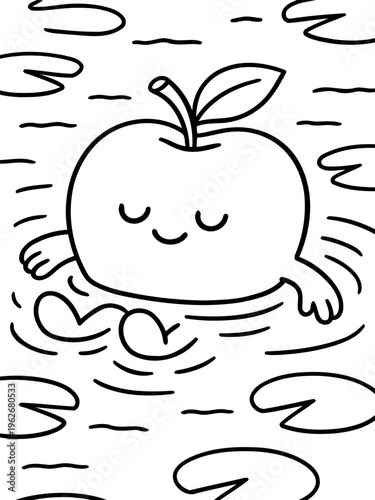 Joyful Apple's Aquatic Retreat: A charming, cartoon apple finds serene bliss as it floats amidst lily pads on tranquil water.